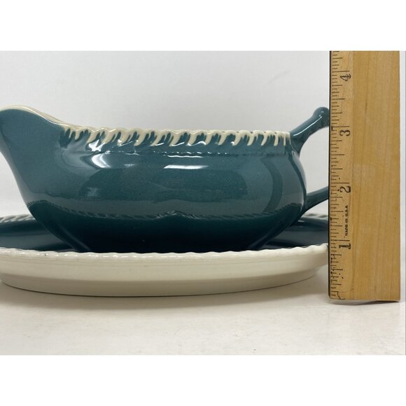Harker Pottery Corinthian Teal Green Gravy Boat & Plate White Trim Harkerware - Picture 11 of 11